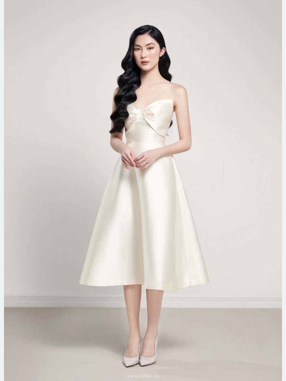 Strapless Ivory Midi Dress with Front Bow
